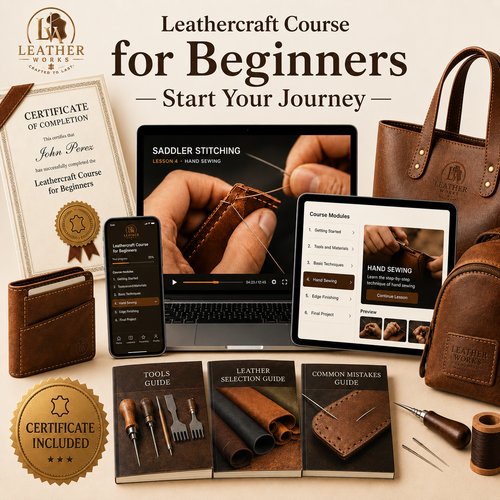 LEATHERCRAFT MASTER COURSE FROM SCRATCH™ | 10 VIDEO LESSONS + PATTERNS + 3 EBOOKS + CERTIFICATE